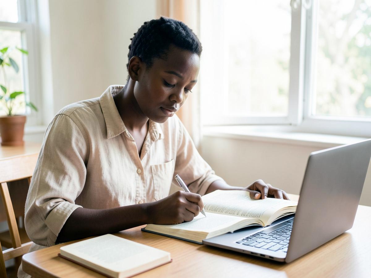 Personne étudiant la Bible à côté d’un ordinateur portable